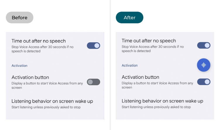 Voice Access before and after the Activation button is enabled